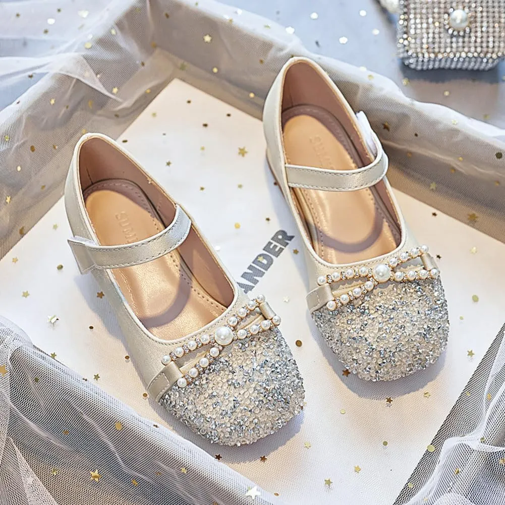 Girls Glitter Low Heel Mary Jane Flats Flower Princess Party Wedding Bow Dress Shoes for Kids
