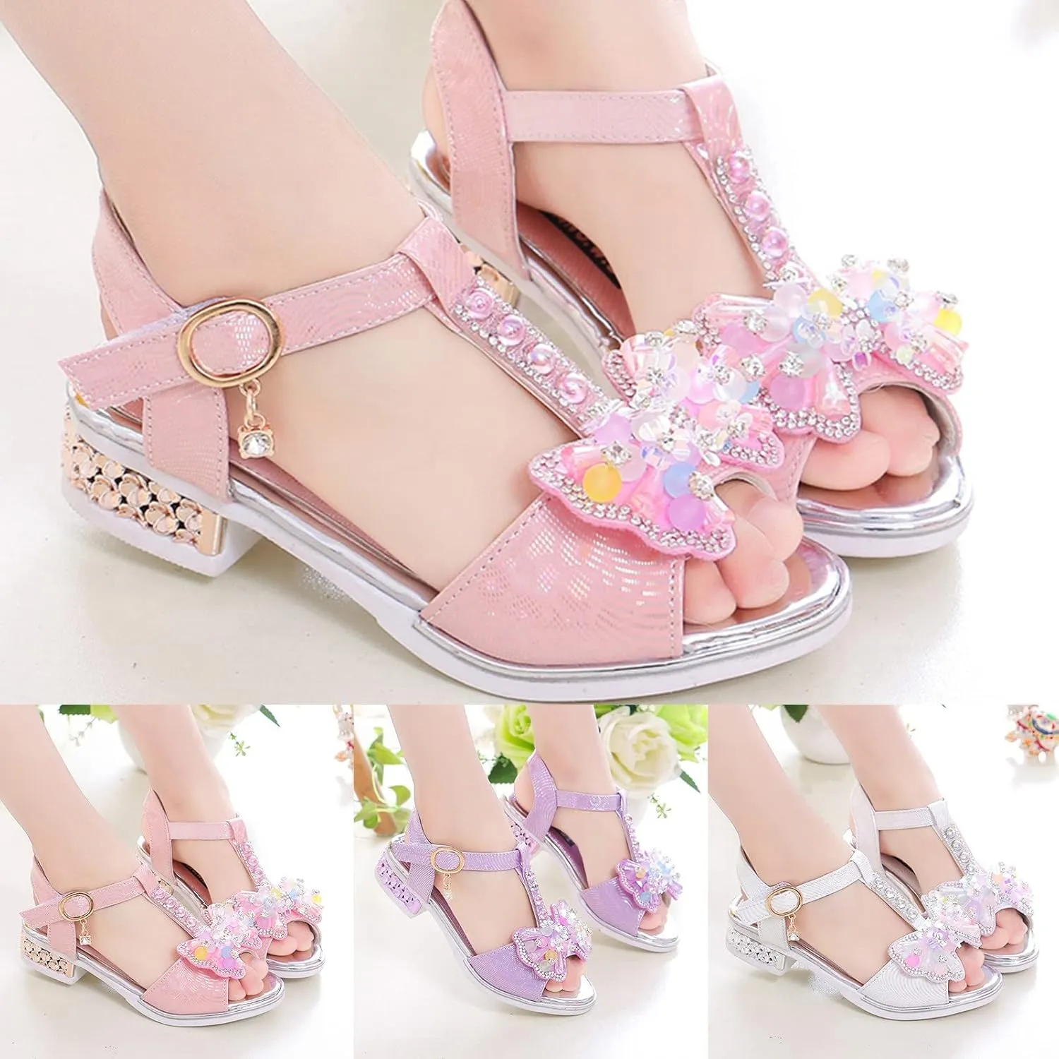 Girls Glitter Rhinestone Sandals Open Toe T-Strap Low-Heel Party Shoes Sequins Heel Sandals for Kids Toddler