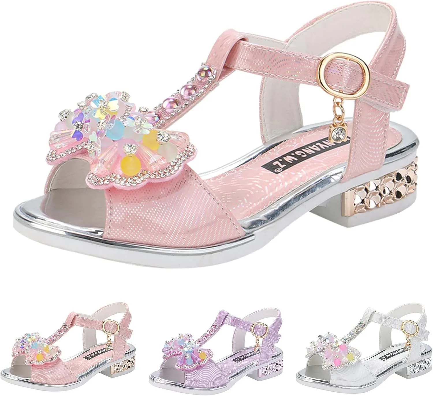 Girls Glitter Rhinestone Sandals Open Toe T-Strap Low-Heel Party Shoes Sequins Heel Sandals for Kids Toddler
