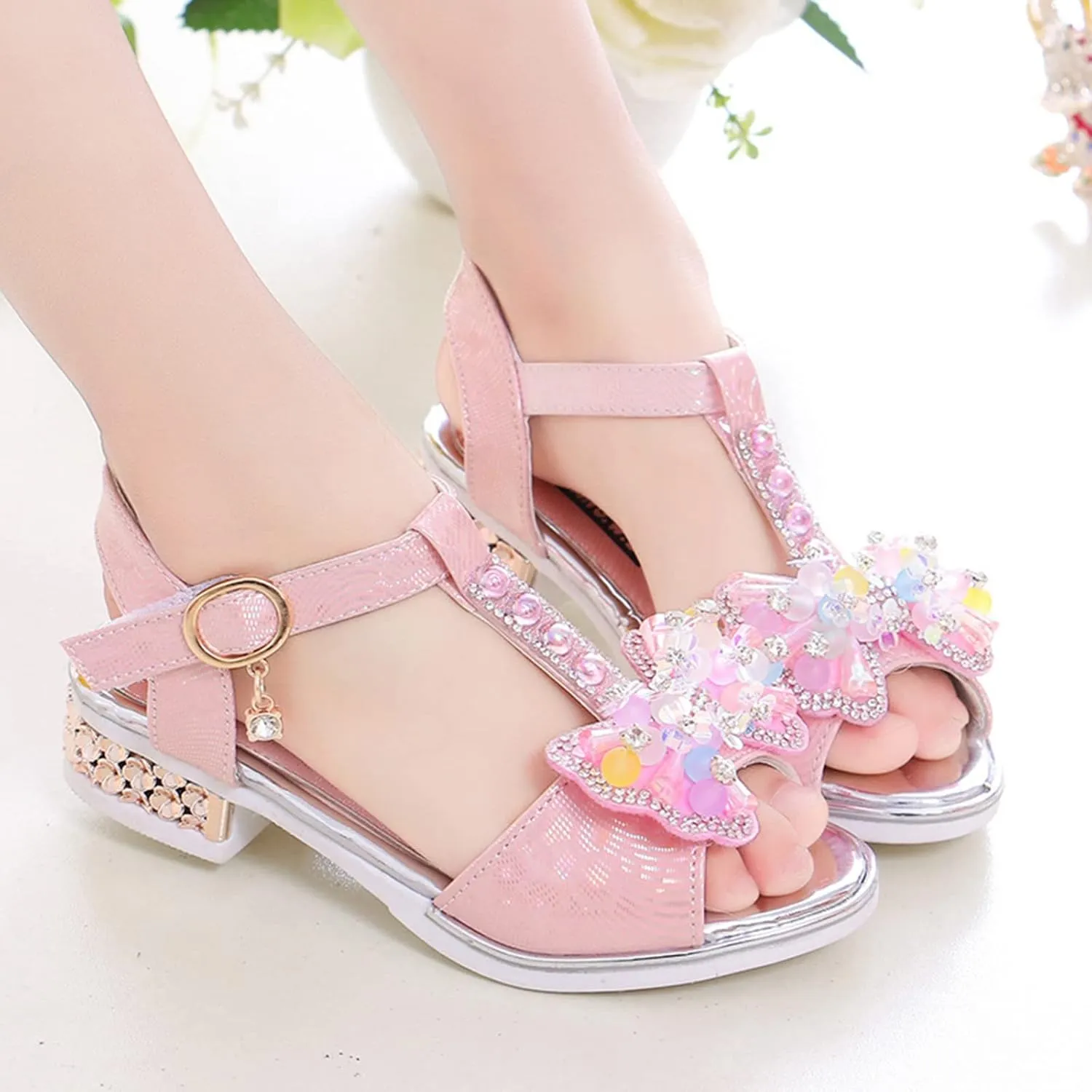 Girls Glitter Rhinestone Sandals Open Toe T-Strap Low-Heel Party Shoes Sequins Heel Sandals for Kids Toddler