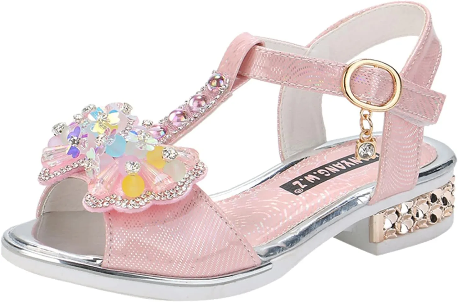 Girls Glitter Rhinestone Sandals Open Toe T-Strap Low-Heel Party Shoes Sequins Heel Sandals for Kids Toddler