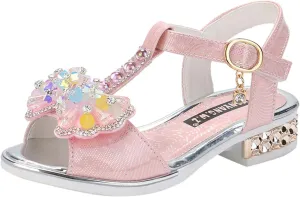Girls Glitter Rhinestone Sandals Open Toe T-Strap Low-Heel Party Shoes Sequins Heel Sandals for Kids Toddler