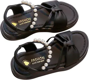 Girls Kids Pearl Elastic Strap Soft Sole Sandals Open Toe Non Slip Bow Dress Shoes Princess Cute Birthday Footwear