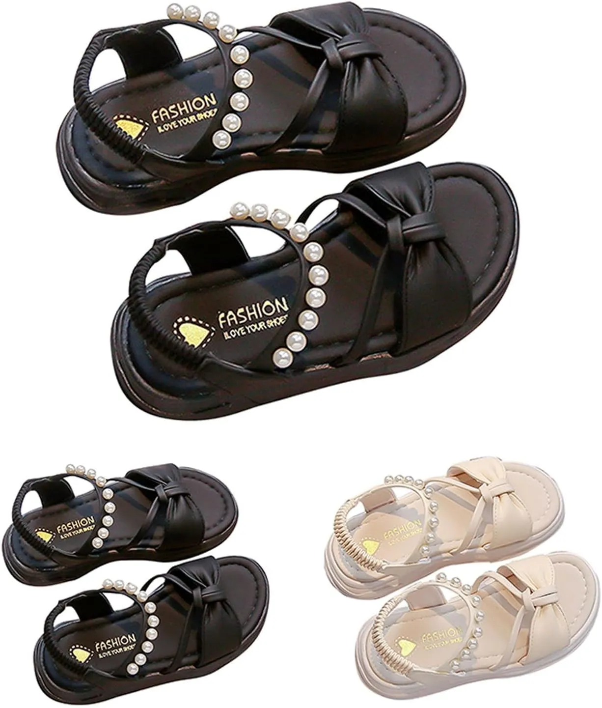 Girls Kids Pearl Elastic Strap Soft Sole Sandals Open Toe Non Slip Bow Dress Shoes Princess Cute Birthday Footwear