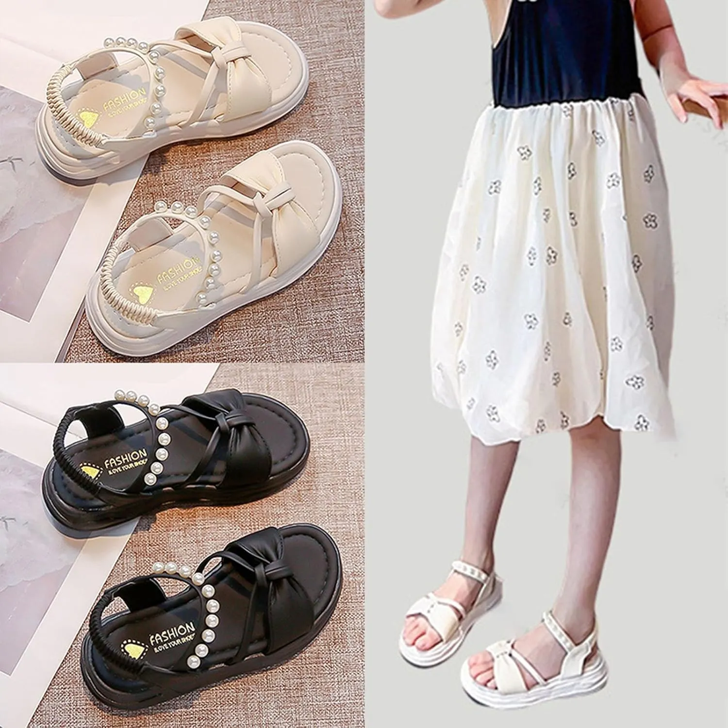 Girls Kids Pearl Elastic Strap Soft Sole Sandals Open Toe Non Slip Bow Dress Shoes Princess Cute Birthday Footwear
