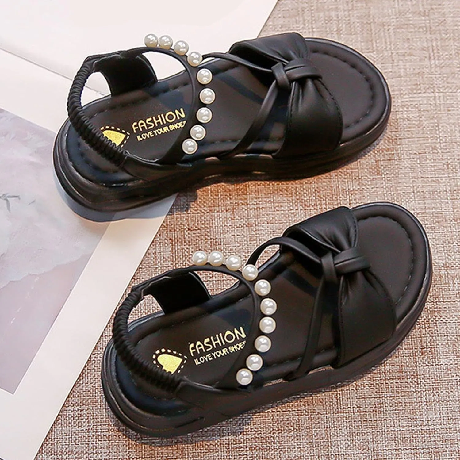 Girls Kids Pearl Elastic Strap Soft Sole Sandals Open Toe Non Slip Bow Dress Shoes Princess Cute Birthday Footwear