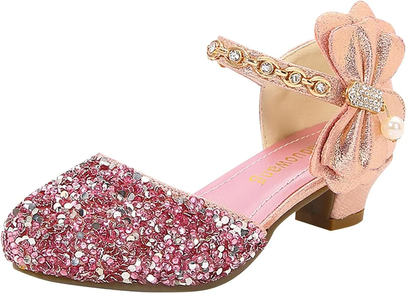 Girls Low Heeled Rhinestone Dress Shoes Glitter Sequins Party Dance Shoes Closed Toe Mary Jane for Big Kids