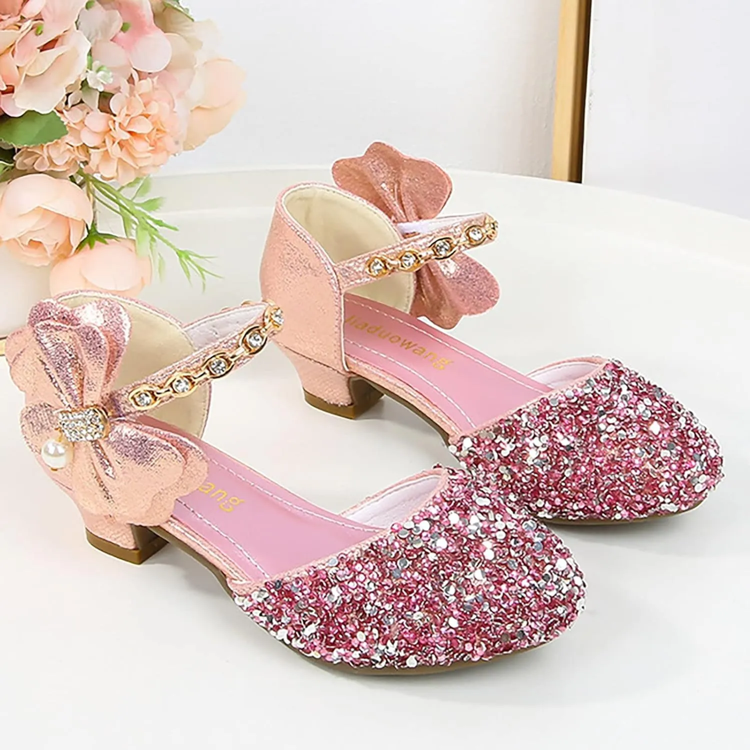 Girls Low Heeled Rhinestone Dress Shoes Glitter Sequins Party Dance Shoes Closed Toe Mary Jane for Big Kids