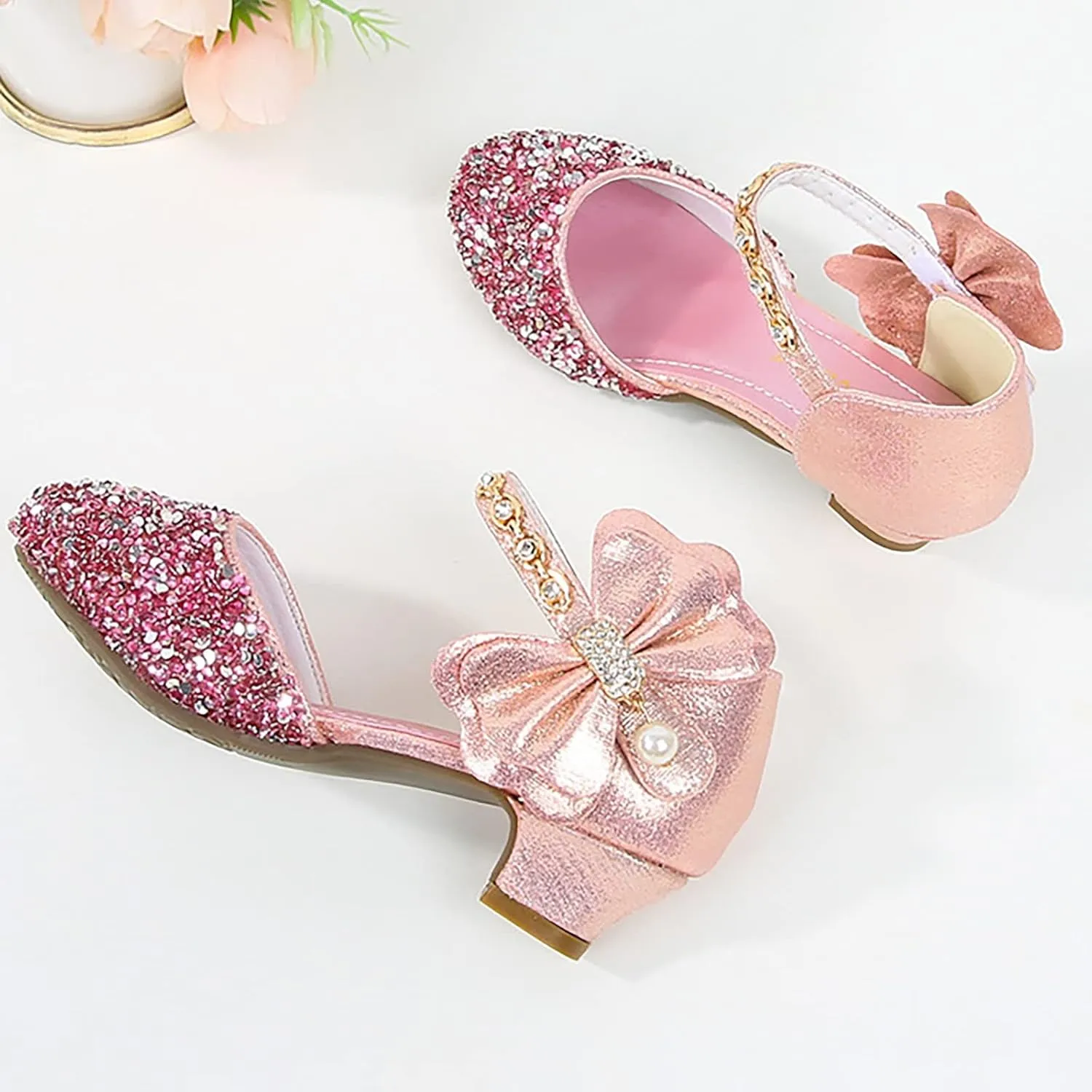 Girls Low Heeled Rhinestone Dress Shoes Glitter Sequins Party Dance Shoes Closed Toe Mary Jane for Big Kids