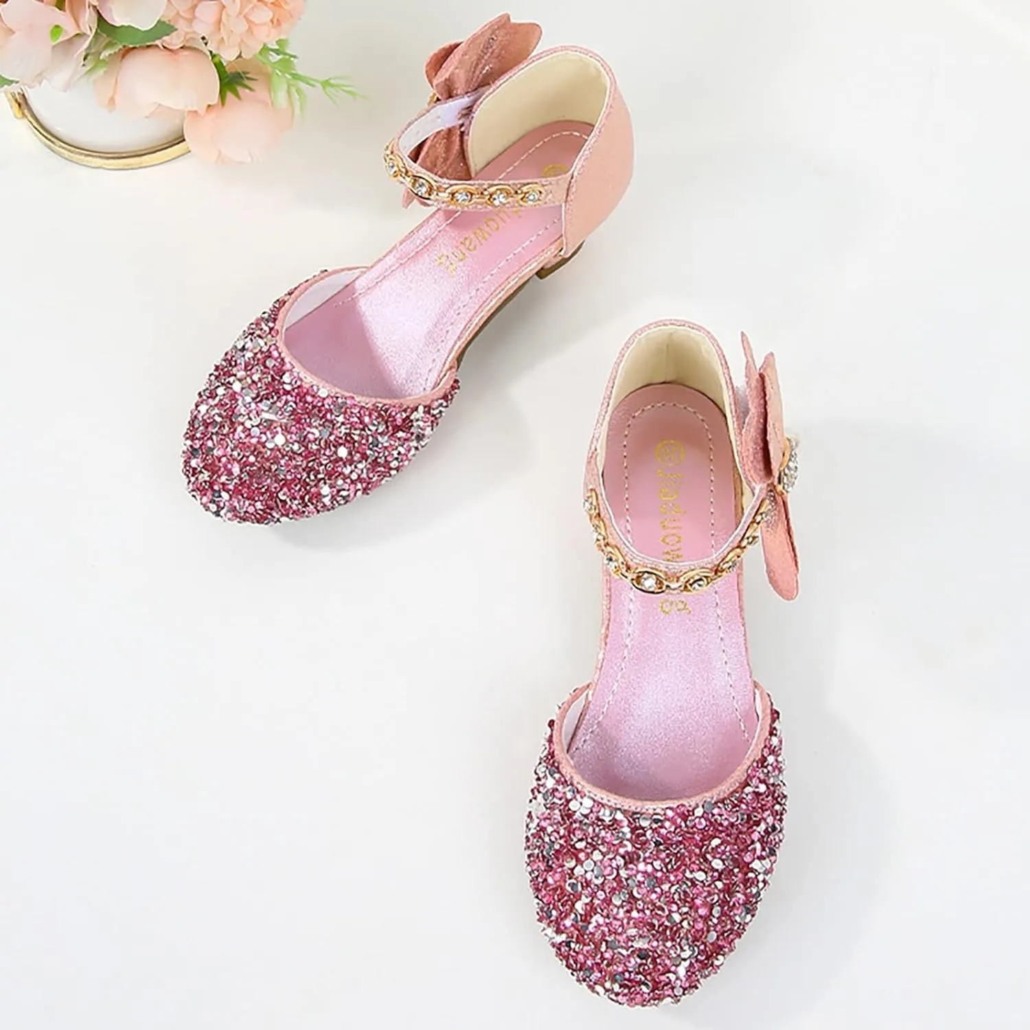 Girls Low Heeled Rhinestone Dress Shoes Glitter Sequins Party Dance Shoes Closed Toe Mary Jane for Big Kids