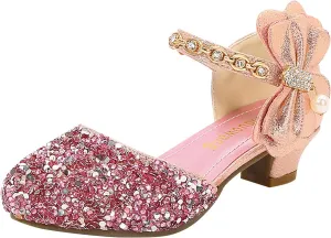 Girls Low Heeled Rhinestone Dress Shoes Glitter Sequins Party Dance Shoes Closed Toe Mary Jane for Big Kids