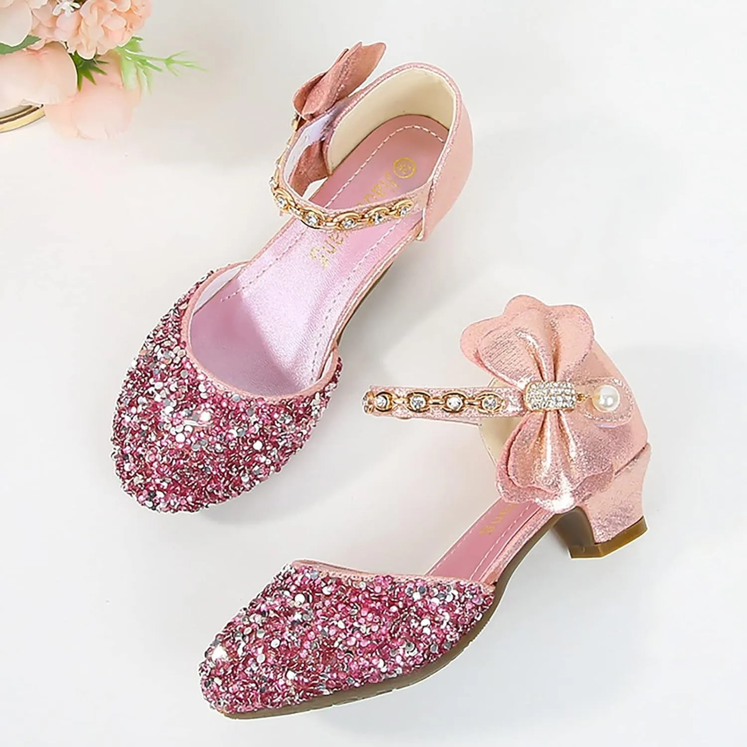 Girls Low Heeled Rhinestone Dress Shoes Glitter Sequins Party Dance Shoes Closed Toe Mary Jane for Big Kids
