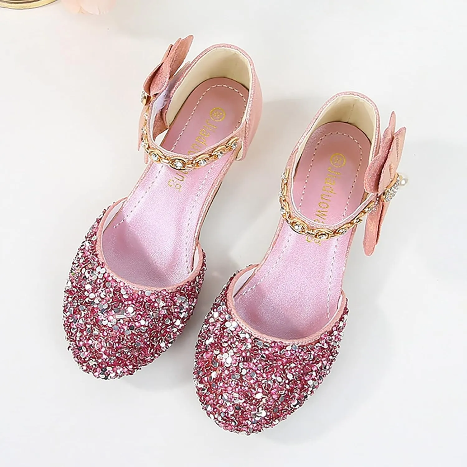 Girls Low Heeled Rhinestone Dress Shoes Glitter Sequins Party Dance Shoes Closed Toe Mary Jane for Big Kids