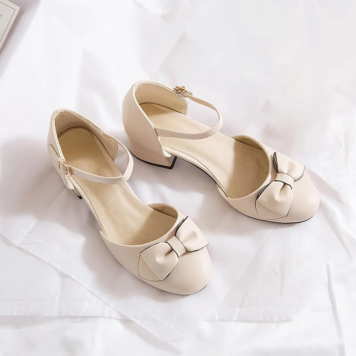 Girls Princess Bow Mary Jane Pumps Ankle Strap Low Heel Dress Sandals Closed Toe Ballet Wedding Party Formal Shoes