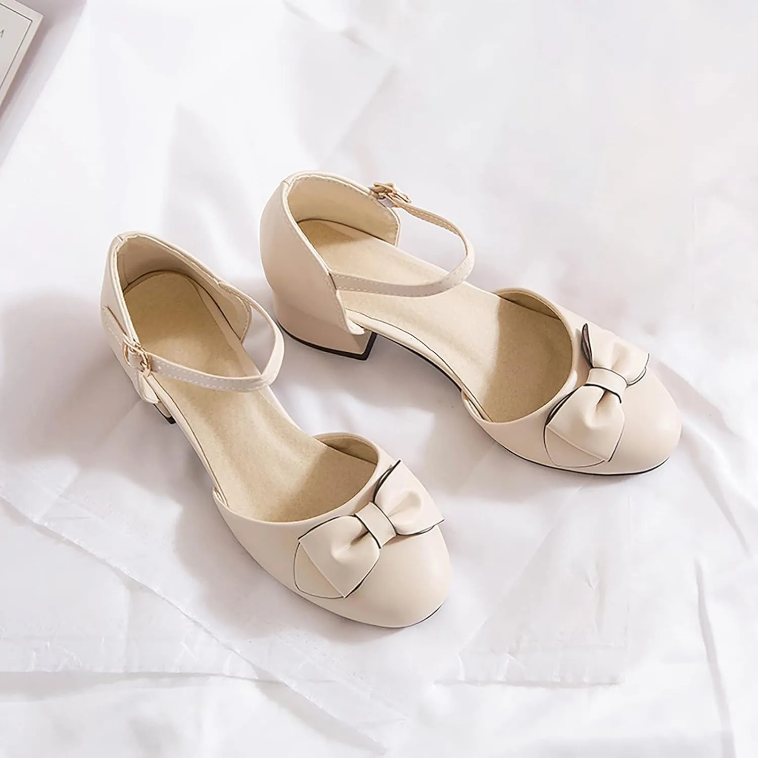 Girls Princess Bow Mary Jane Pumps Ankle Strap Low Heel Dress Sandals Closed Toe Ballet Wedding Party Formal Shoes