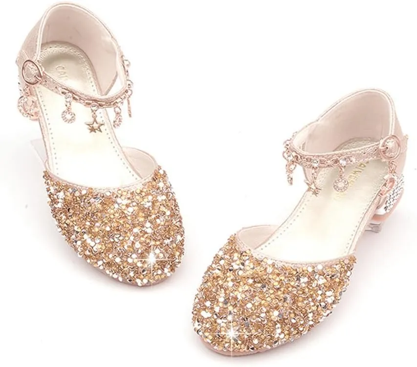 Girls Sandals Princess Low Heels Dress Shoes Sequins Flower Wedding Party Dance Pump Shoe for Toddler Little Kid