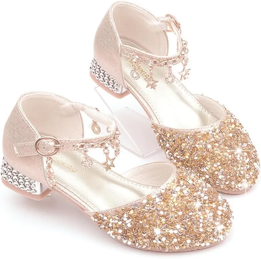 Girls Sandals Princess Low Heels Dress Shoes Sequins Flower Wedding Party Dance Pump Shoe for Toddler Little Kid