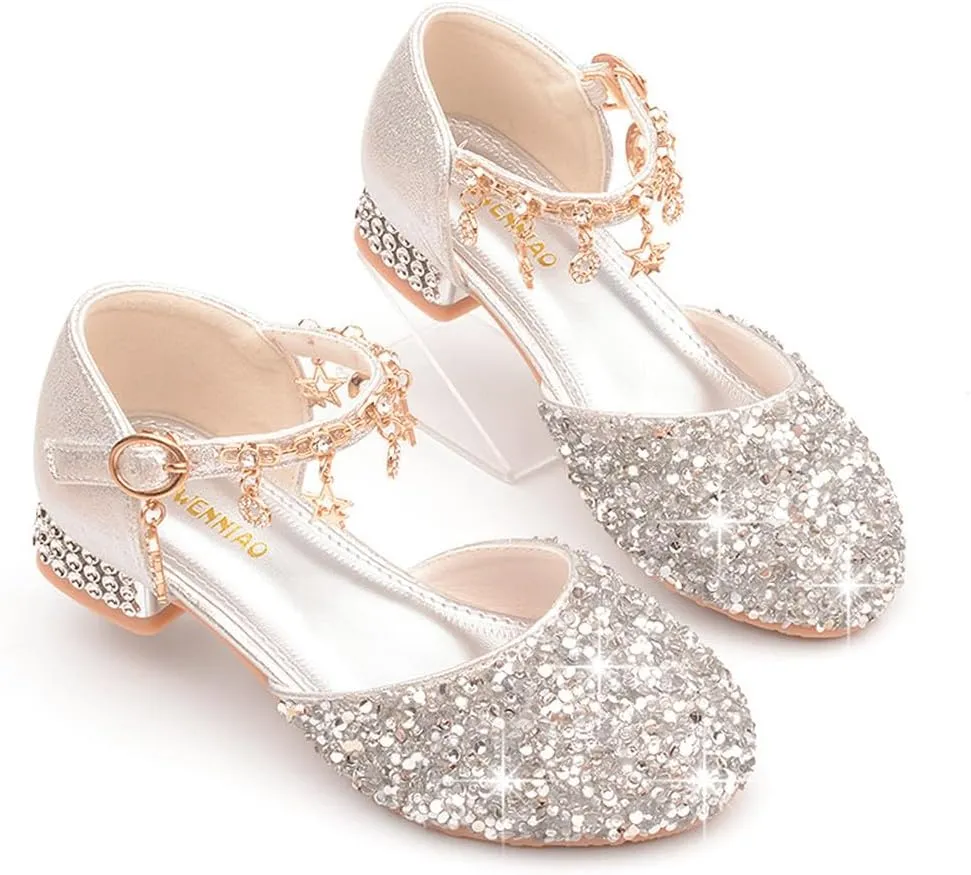 Girls Sandals Princess Low Heels Dress Shoes Sequins Flower Wedding Party Dance Pump Shoe for Toddler Little Kid
