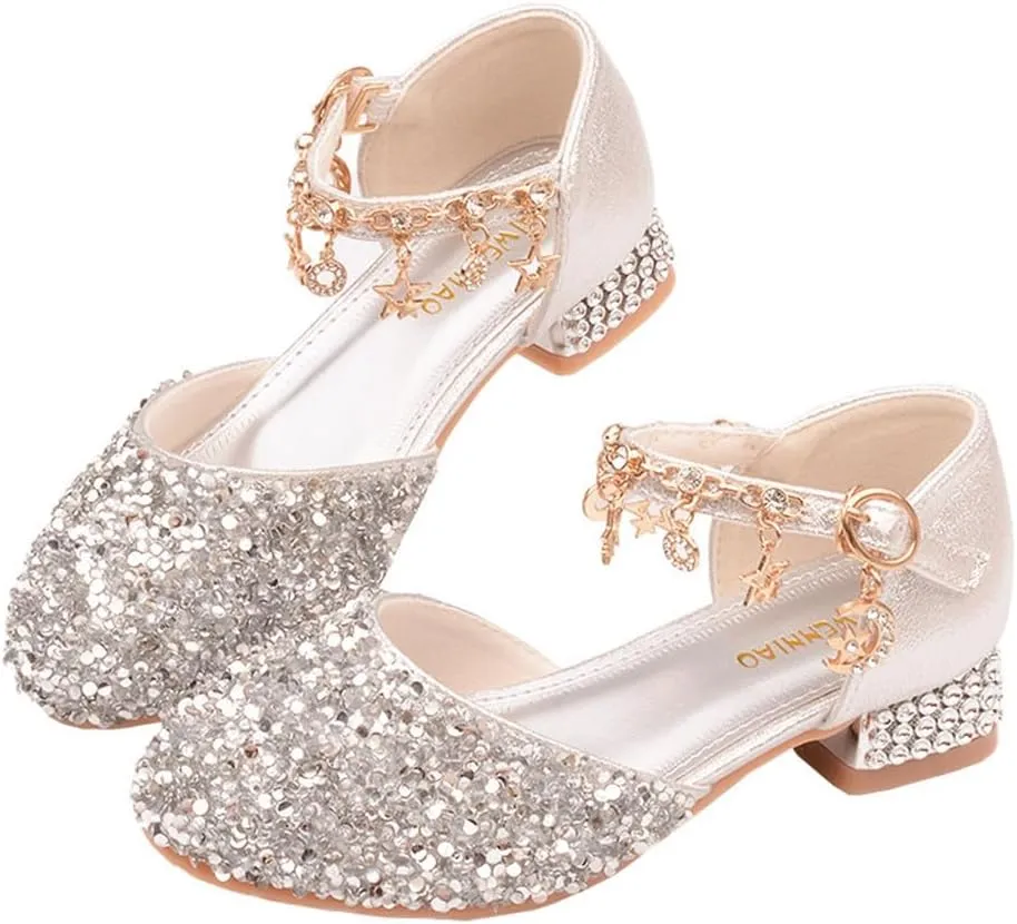 Girls Sandals Princess Low Heels Dress Shoes Sequins Flower Wedding Party Dance Pump Shoe for Toddler Little Kid