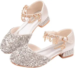 Girls Sandals Princess Low Heels Dress Shoes Sequins Flower Wedding Party Dance Pump Shoe for Toddler Little Kid