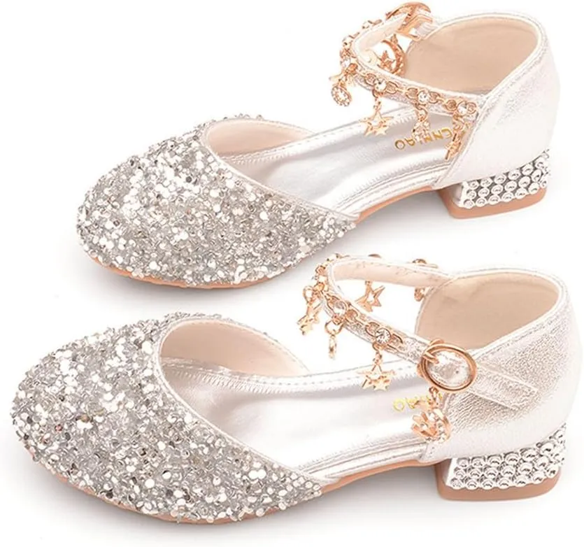 Girls Sandals Princess Low Heels Dress Shoes Sequins Flower Wedding Party Dance Pump Shoe for Toddler Little Kid