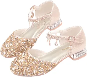 Girls Sandals Princess Low Heels Dress Shoes Sequins Flower Wedding Party Dance Pump Shoe for Toddler Little Kid