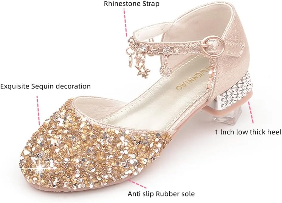 Girls Sandals Princess Low Heels Dress Shoes Sequins Flower Wedding Party Dance Pump Shoe for Toddler Little Kid