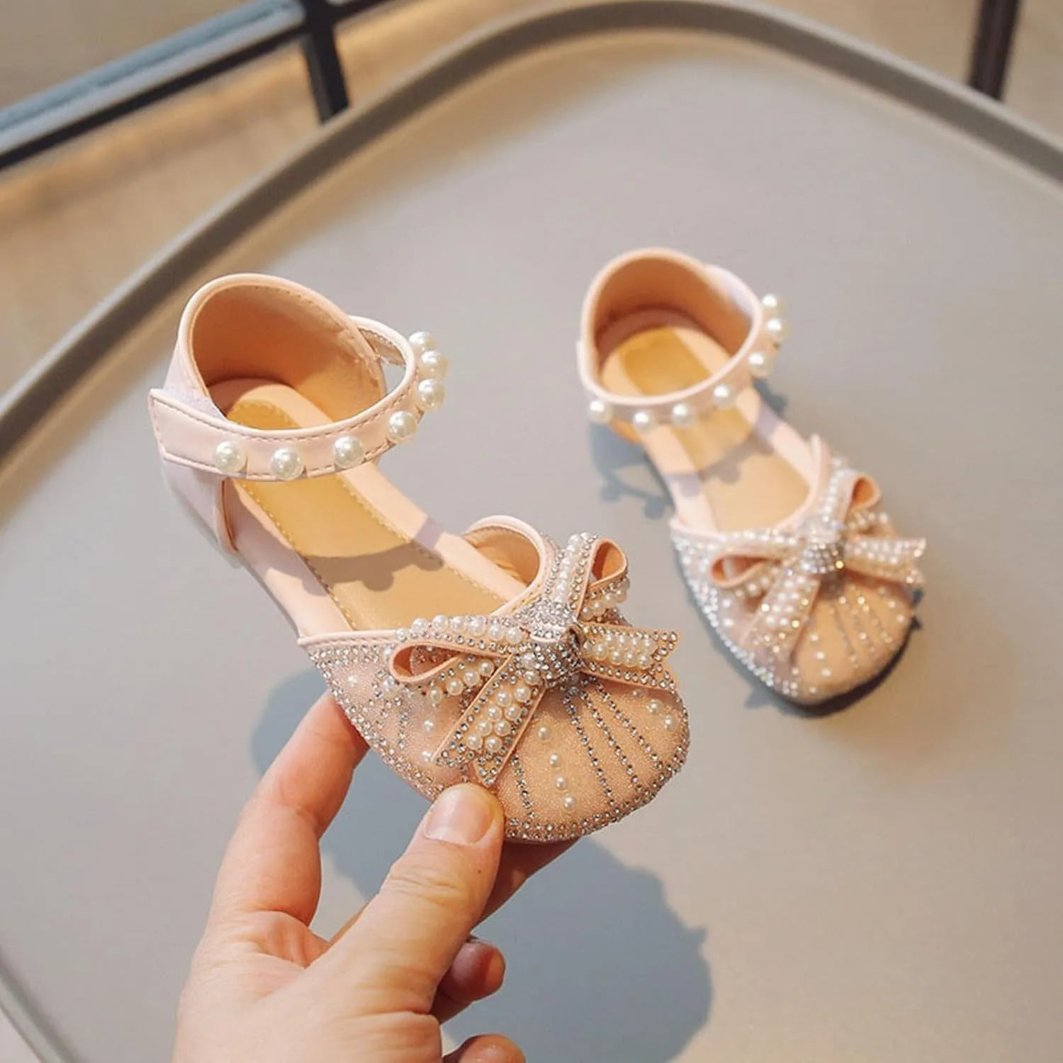 Girls Sparkly Princess Dress Shoes Kid Toddler Pearl Bow Wedding Party Flower Bridesmaids Mary Jane Ballet Flats