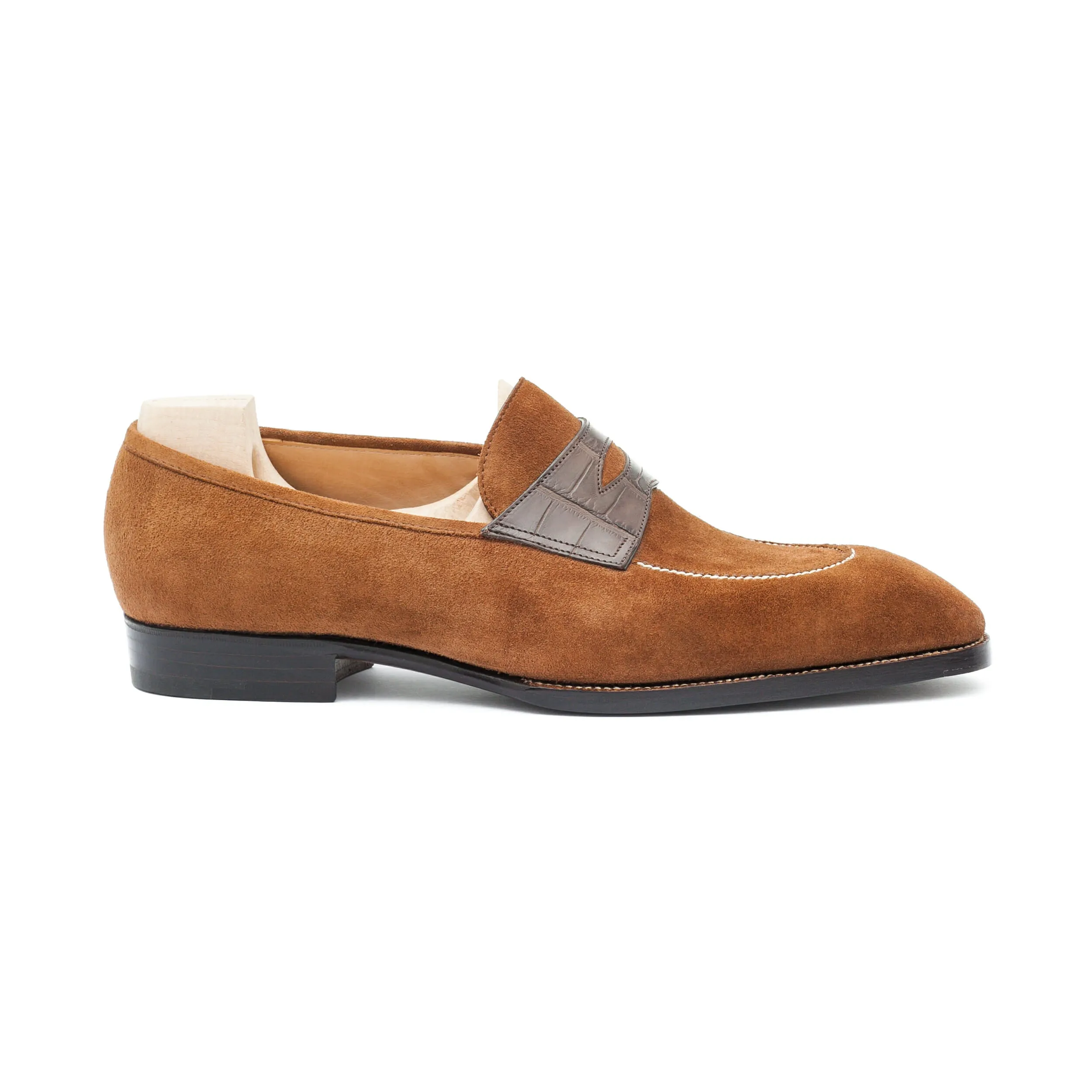 Height Increasing Goodyear Welted Vizela Tan Suede Croc Printed Penny Loafer With Violin Leather Sole