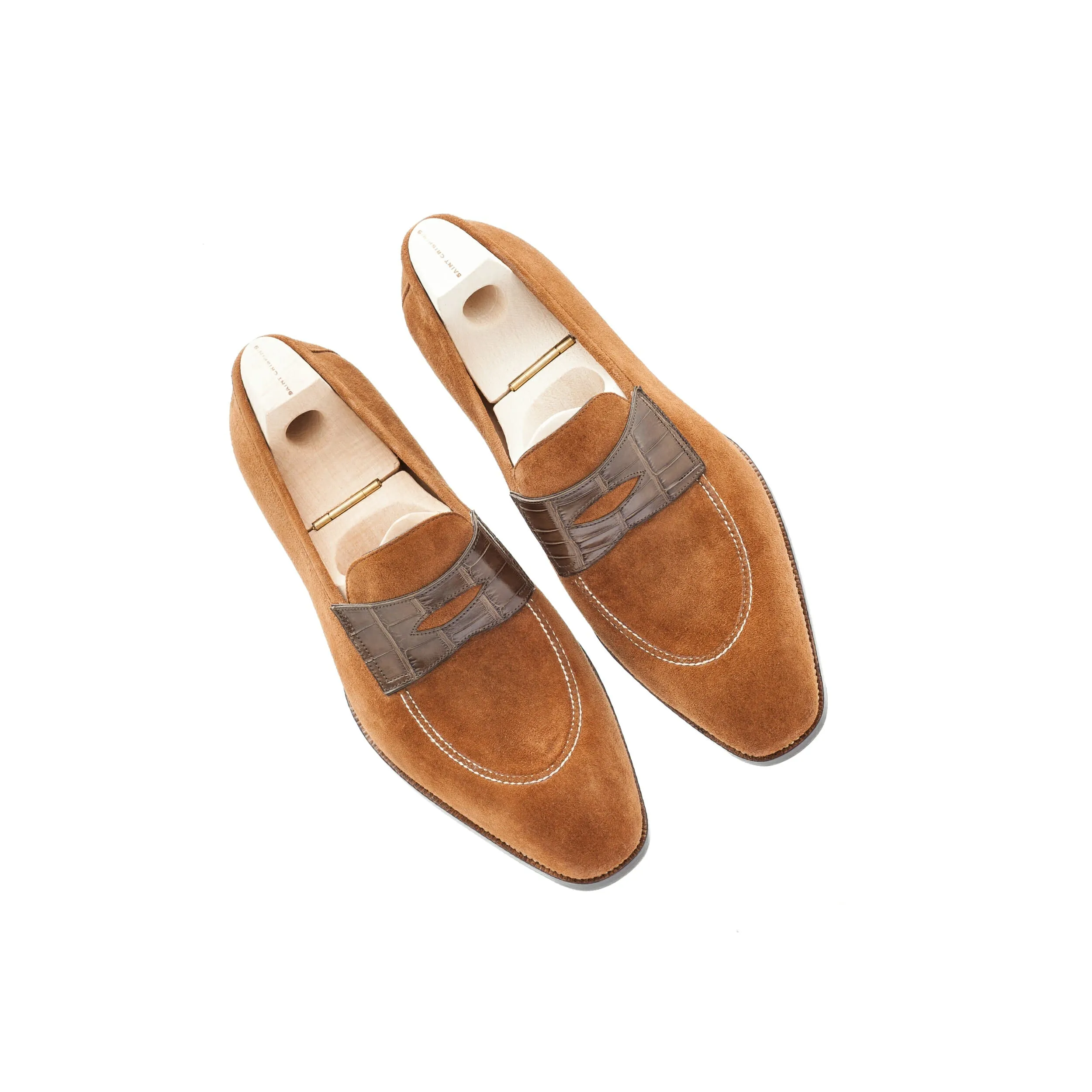 Height Increasing Goodyear Welted Vizela Tan Suede Croc Printed Penny Loafer With Violin Leather Sole