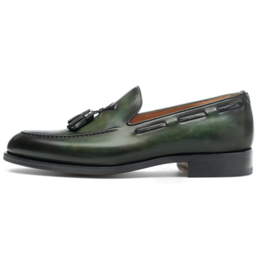 Height Increasing Olive Green Leather Barbican Tassel Loafers