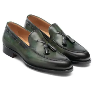 Height Increasing Olive Green Leather Barbican Tassel Loafers