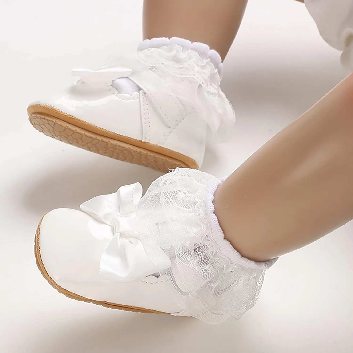 Infant Baby Girls Mary Jane Flats Non-Slip Bowknot Princess Wedding Dress Shoes Toddler PU Leather Baptism Shoes
