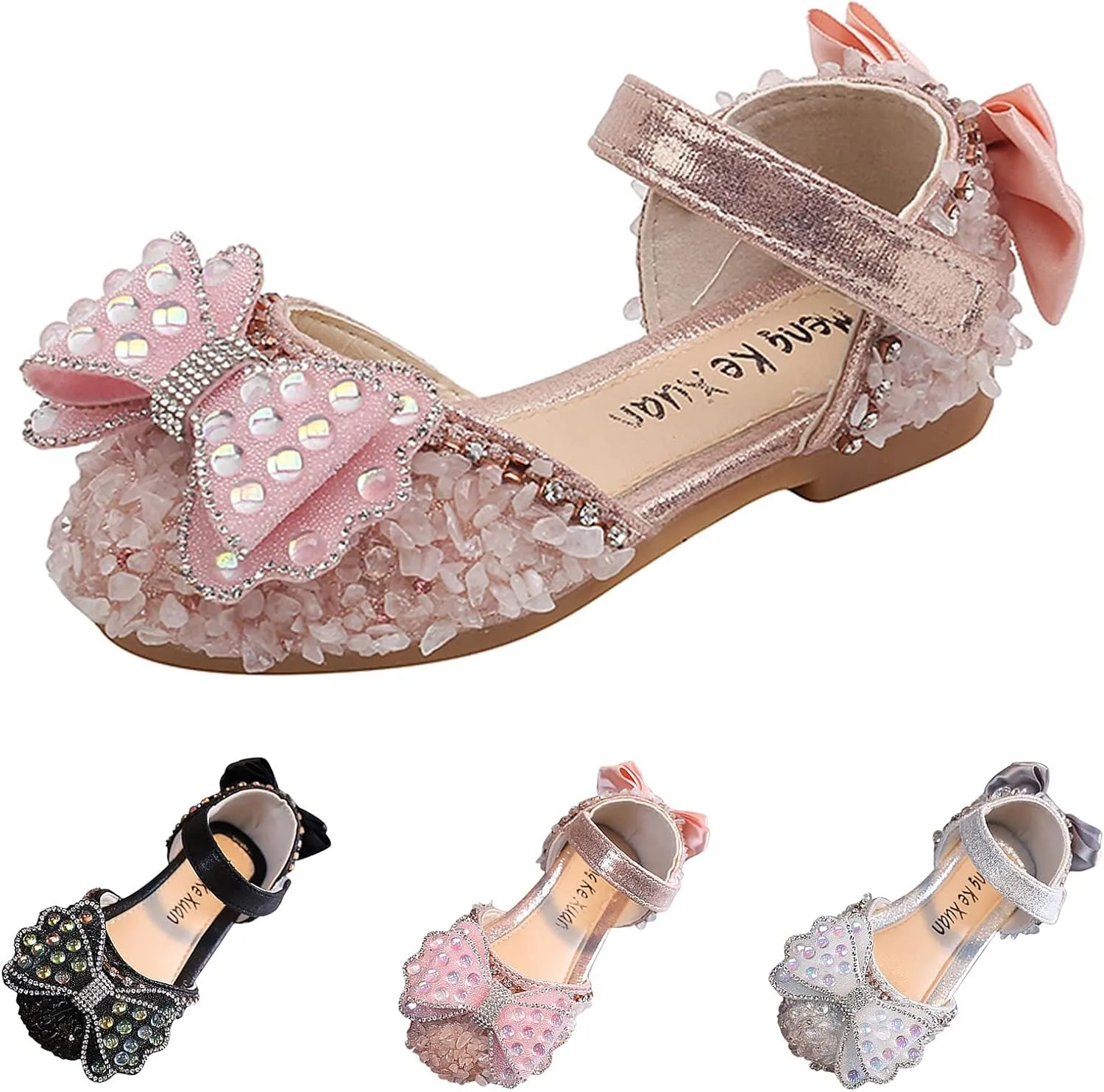 Kids Girls Mary Jane Ballerina Shoes Rhinestones Bowknot Flower Girl Toddler Wedding Party Strap Dress Shoes