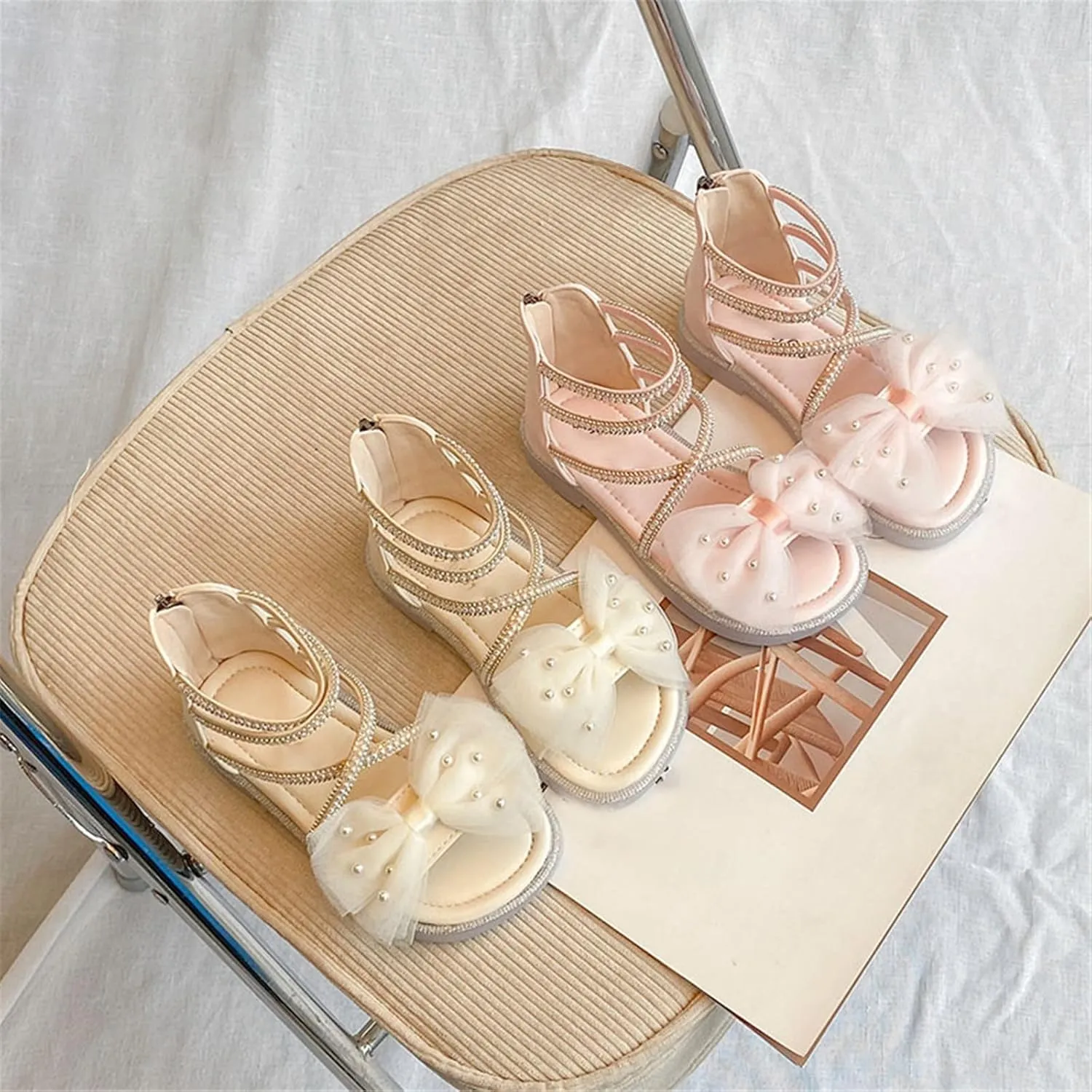 Kids Toddler Girls Pearl Bow Roman Sandals Princess Fashion Glitter Strappy Beach Sandals Dress Shoes with Zipper