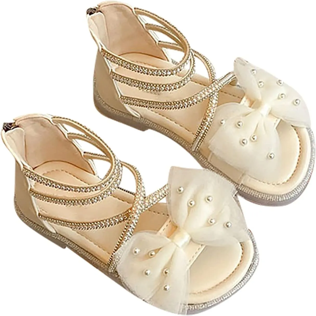 Kids Toddler Girls Pearl Bow Roman Sandals Princess Fashion Glitter Strappy Beach Sandals Dress Shoes with Zipper