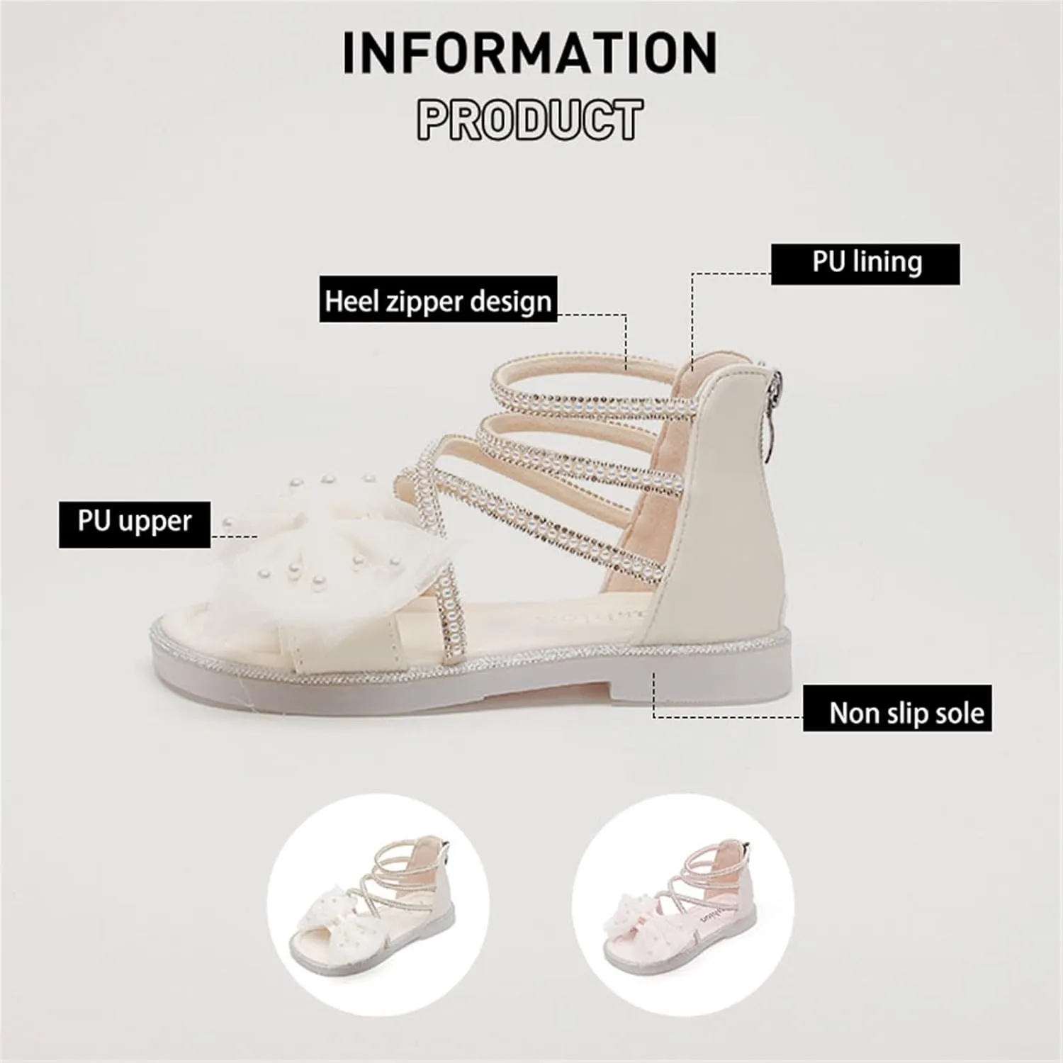 Kids Toddler Girls Pearl Bow Roman Sandals Princess Fashion Glitter Strappy Beach Sandals Dress Shoes with Zipper