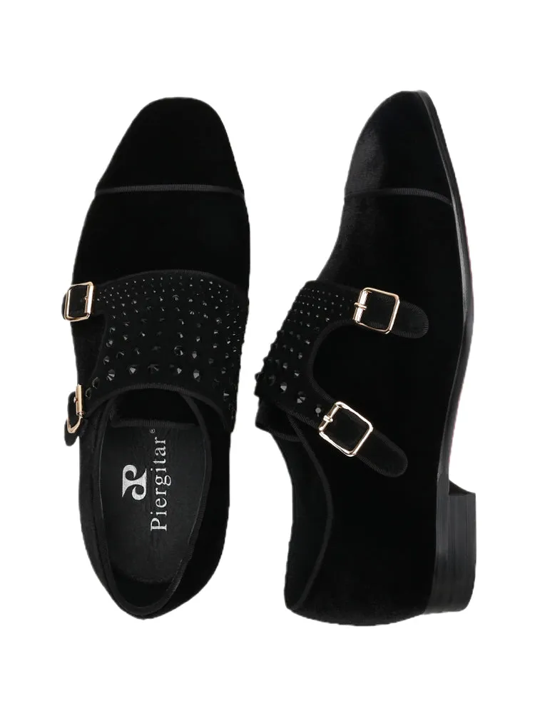 Luxurious trendy black velvet men's double buckle shoes, artificial crystal decoration, comfortable slip-on business loafers