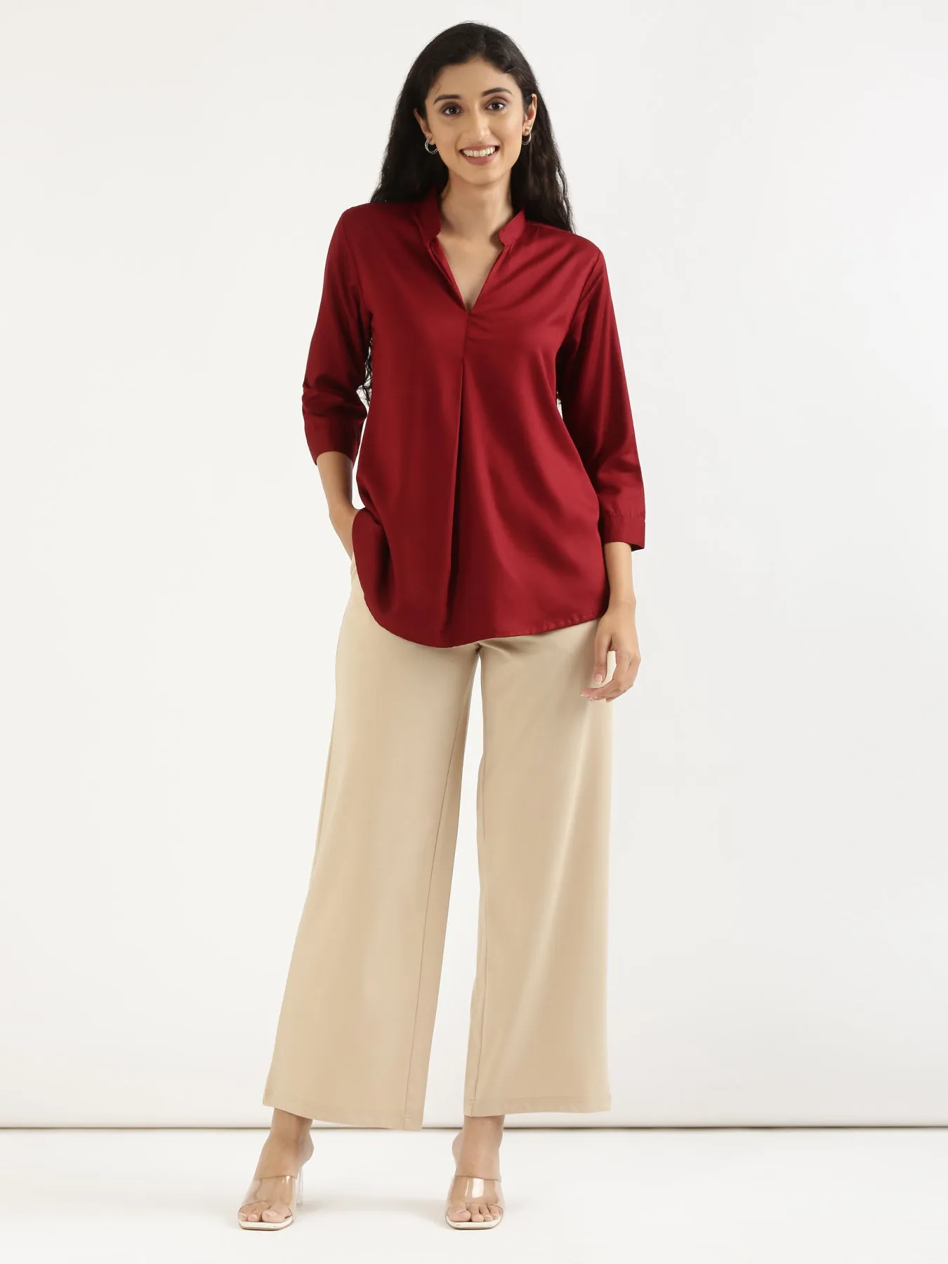 Maroon Viscose Pleated Top