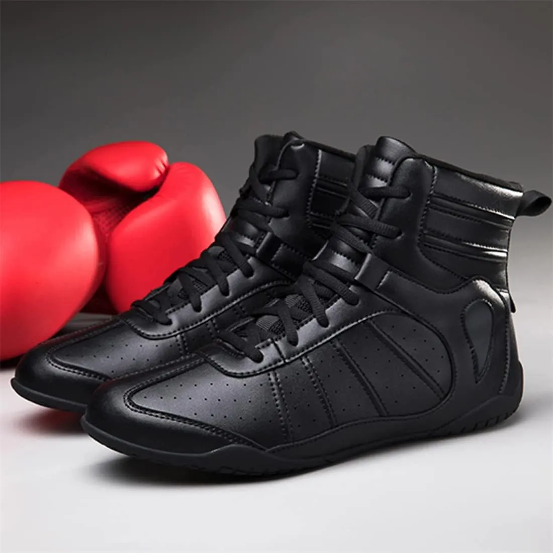 Men's Wrestling Shoe, Extra Wide Bodybuilding Weightlifting Wrestling Shoes Breathable Kickboxing Sparring Trainers Leather Boxing Boots for Boy Youth