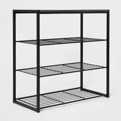 Open Box - 4 Tier Shoe Rack Black Metal with Black Oak Wood - Brightroom
