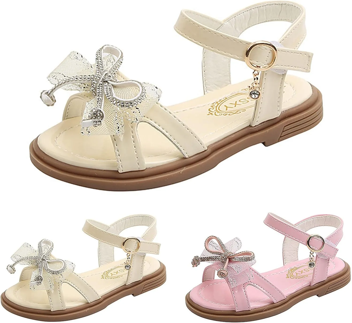 Open Toe Sandals for Girls Rhinestone Bowknot Princess Flat Dress Up Shoes 2025 Summer Trendy Footwear with Strap