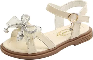 Open Toe Sandals for Girls Rhinestone Bowknot Princess Flat Dress Up Shoes 2025 Summer Trendy Footwear with Strap