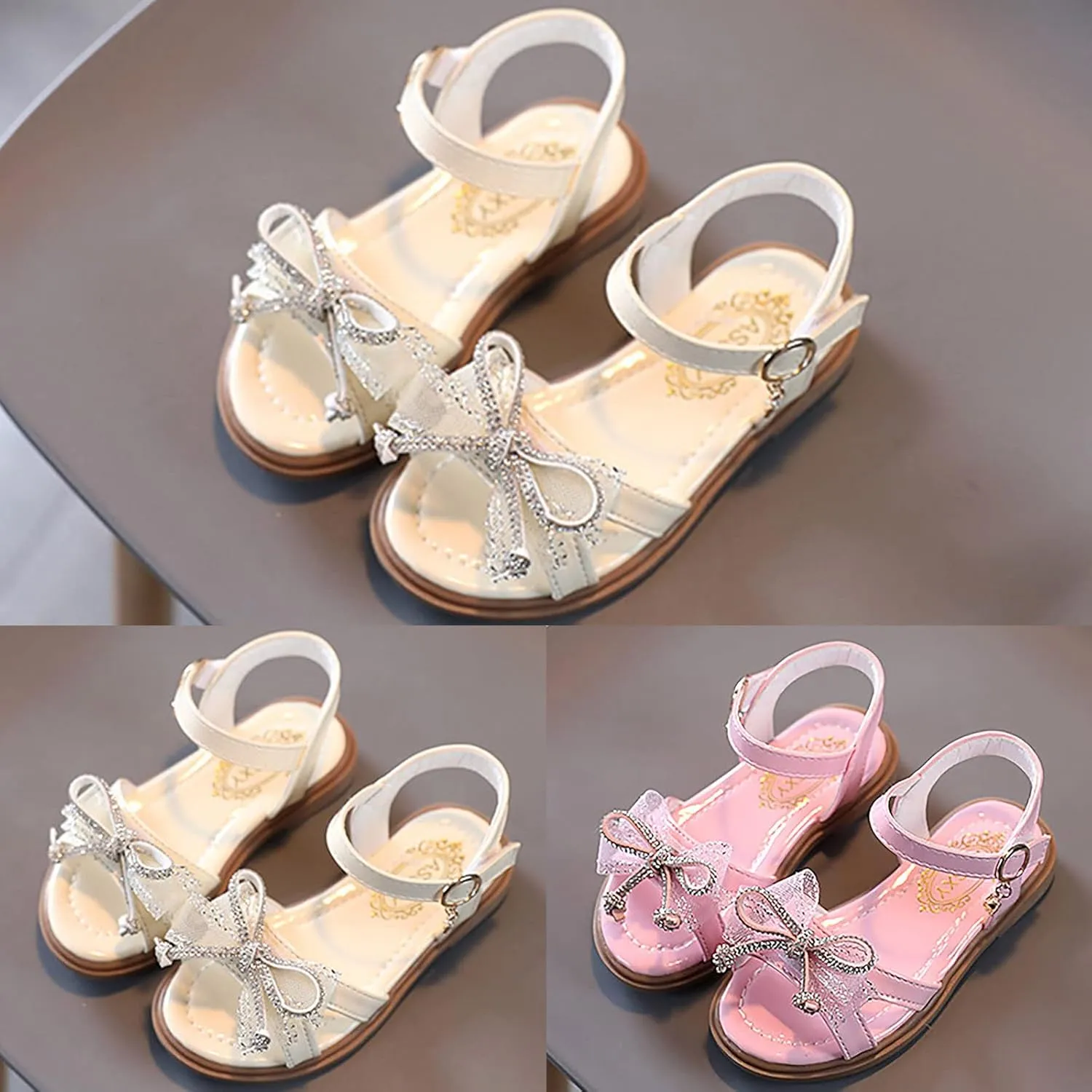 Open Toe Sandals for Girls Rhinestone Bowknot Princess Flat Dress Up Shoes 2025 Summer Trendy Footwear with Strap