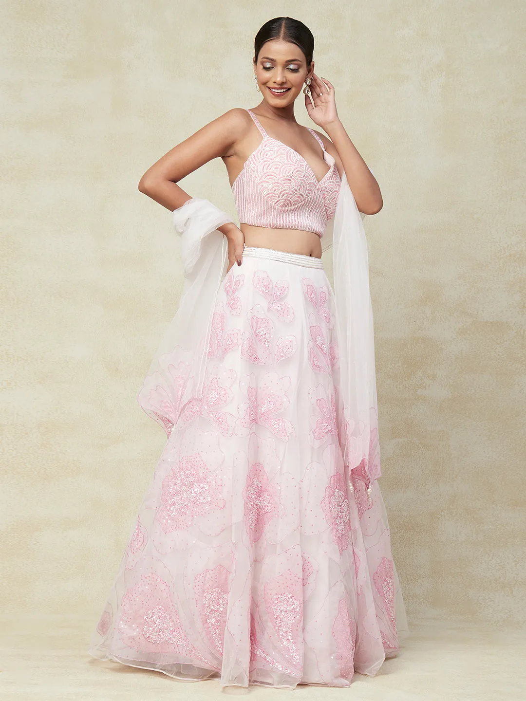 Pink Net Lehenga With Kadai Handwork