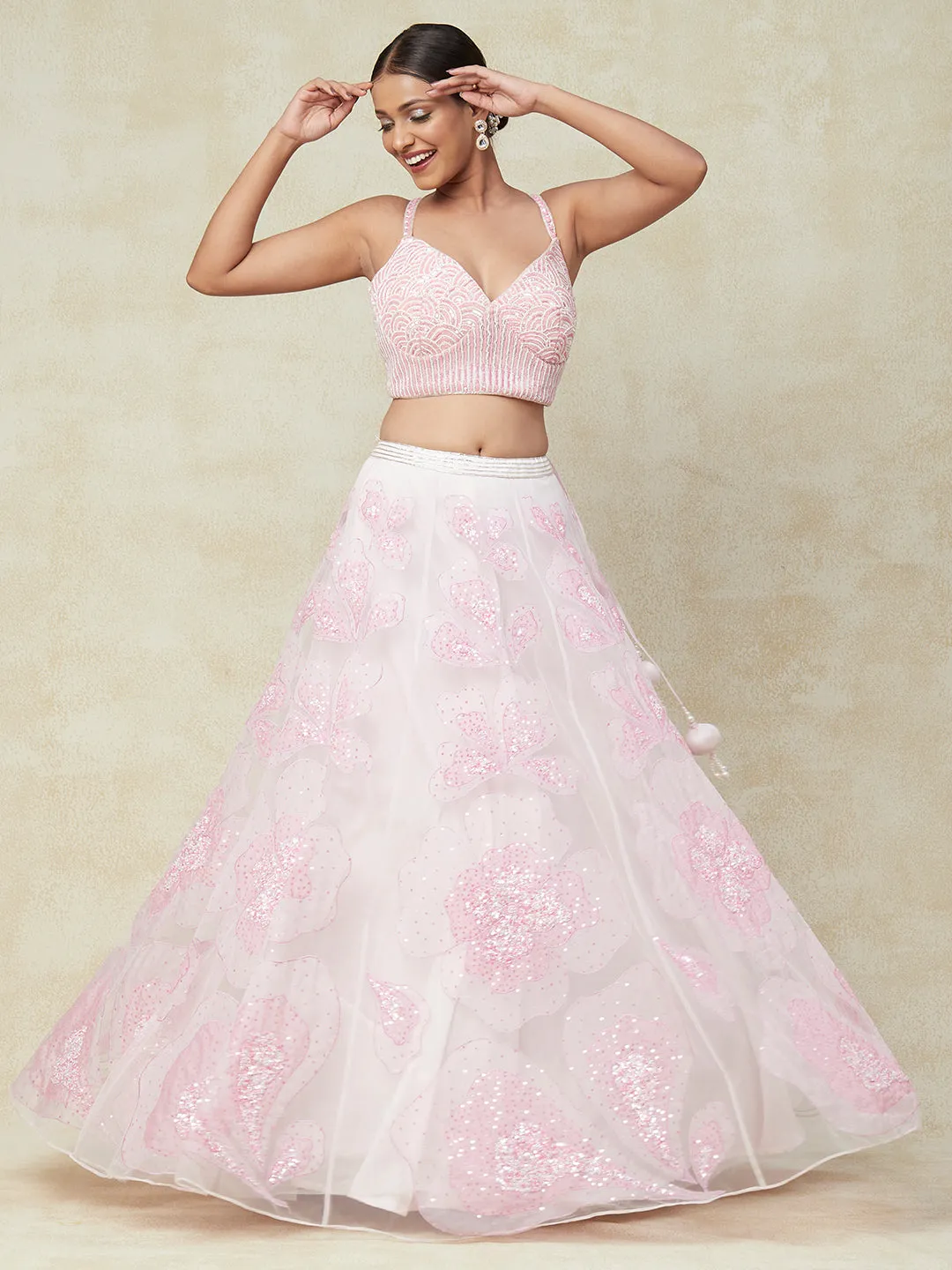 Pink Net Lehenga With Kadai Handwork