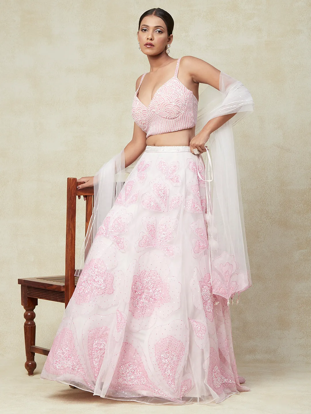 Pink Net Lehenga With Kadai Handwork