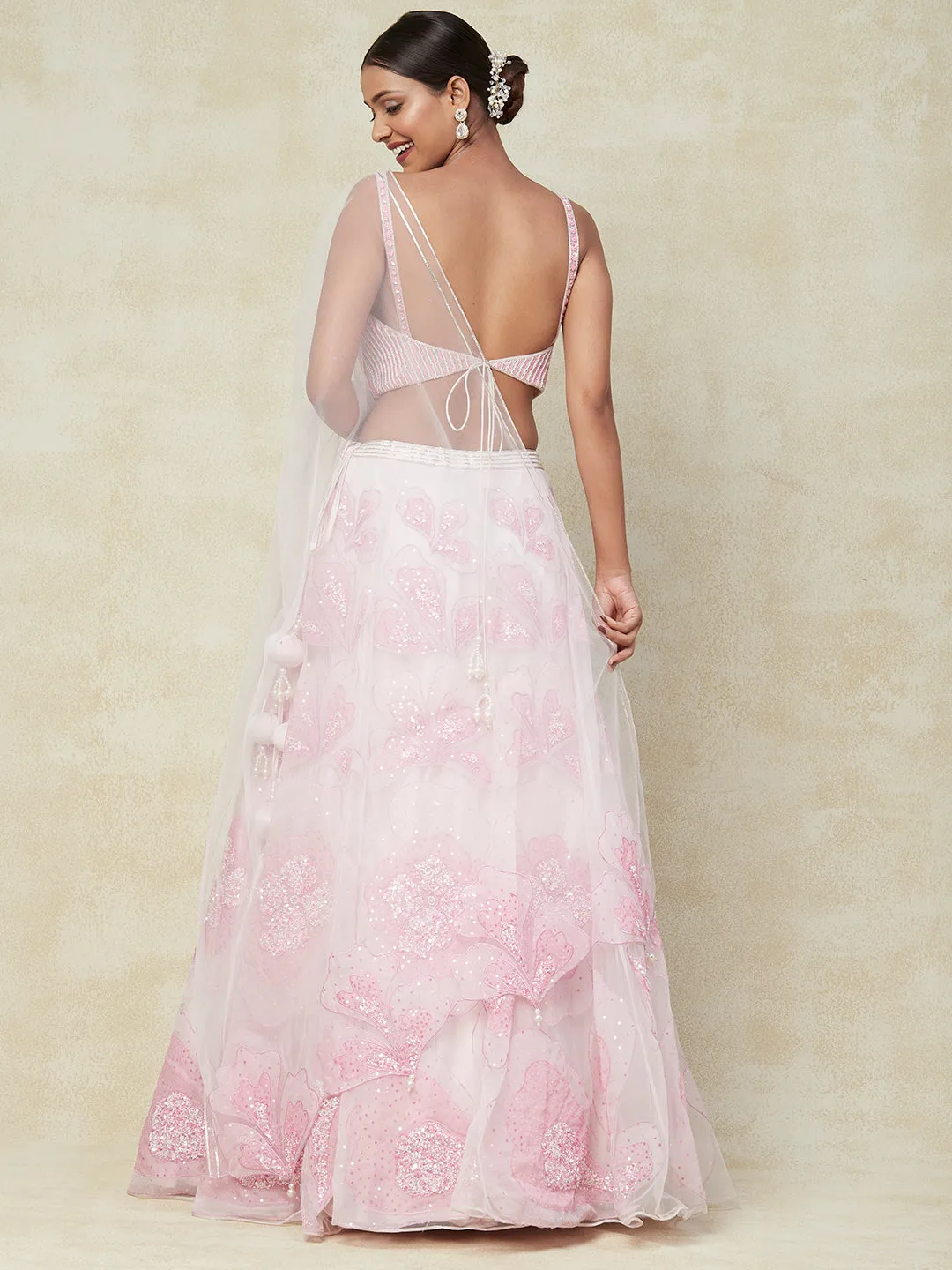 Pink Net Lehenga With Kadai Handwork
