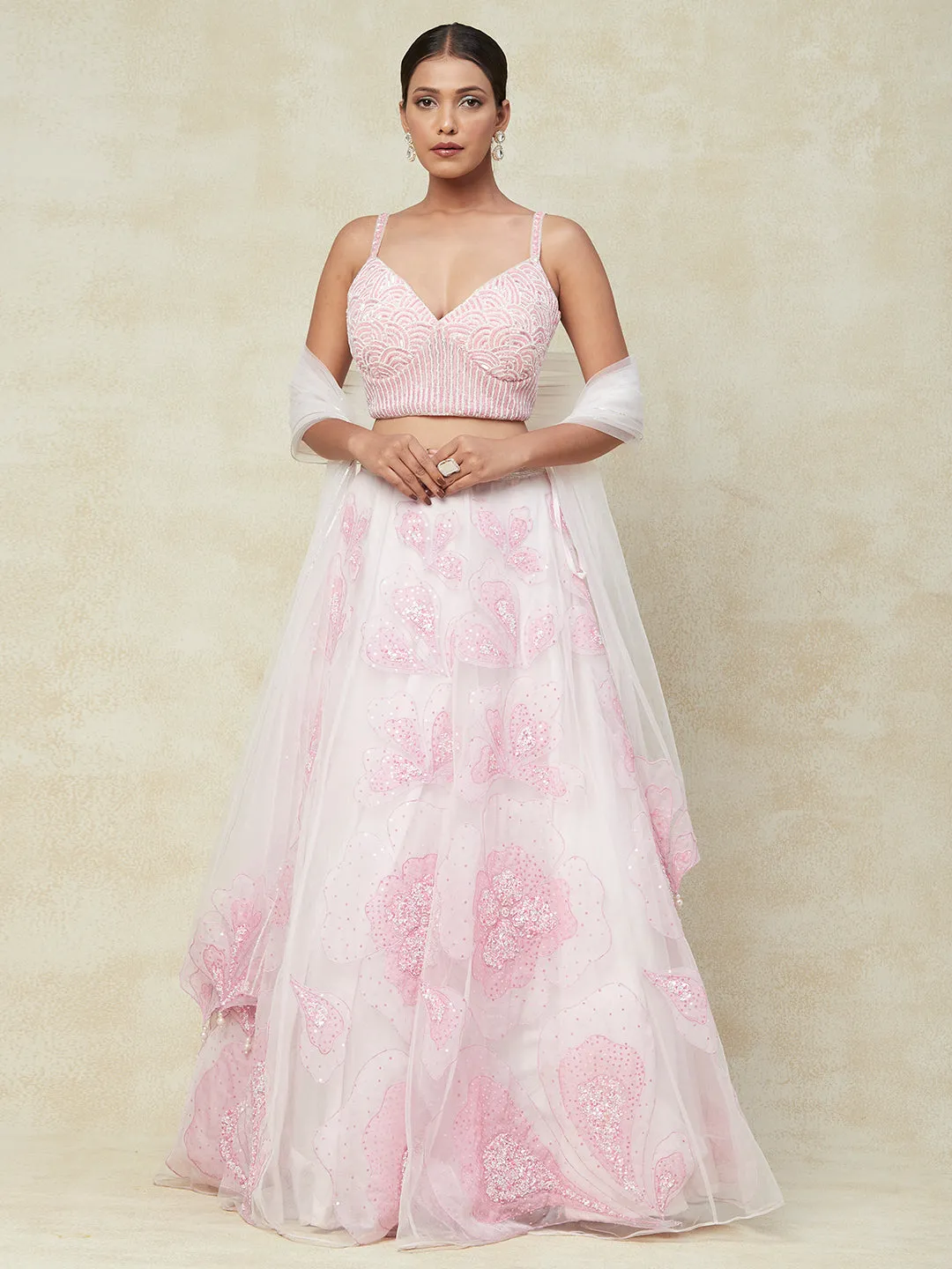 Pink Net Lehenga With Kadai Handwork