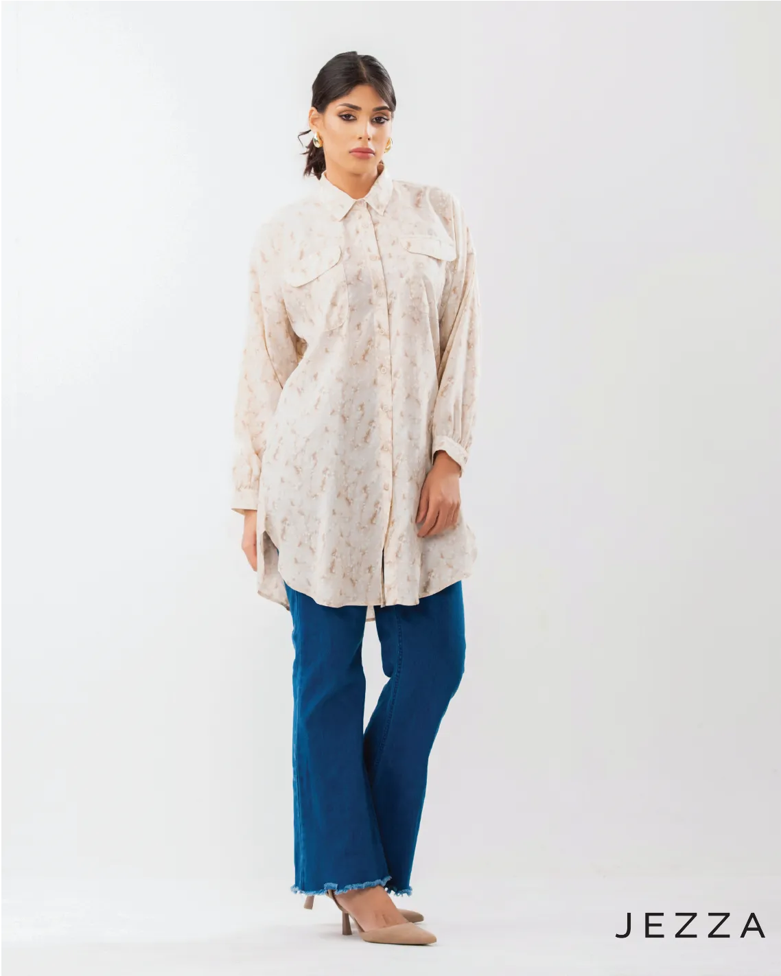 Printed Button-Up Below-Hip Top 62292